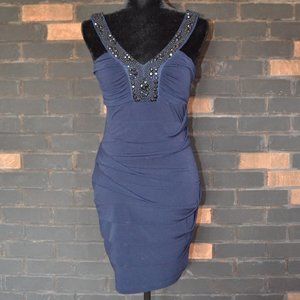 Navy Bodycon Mini Dress with Black Rhinestones